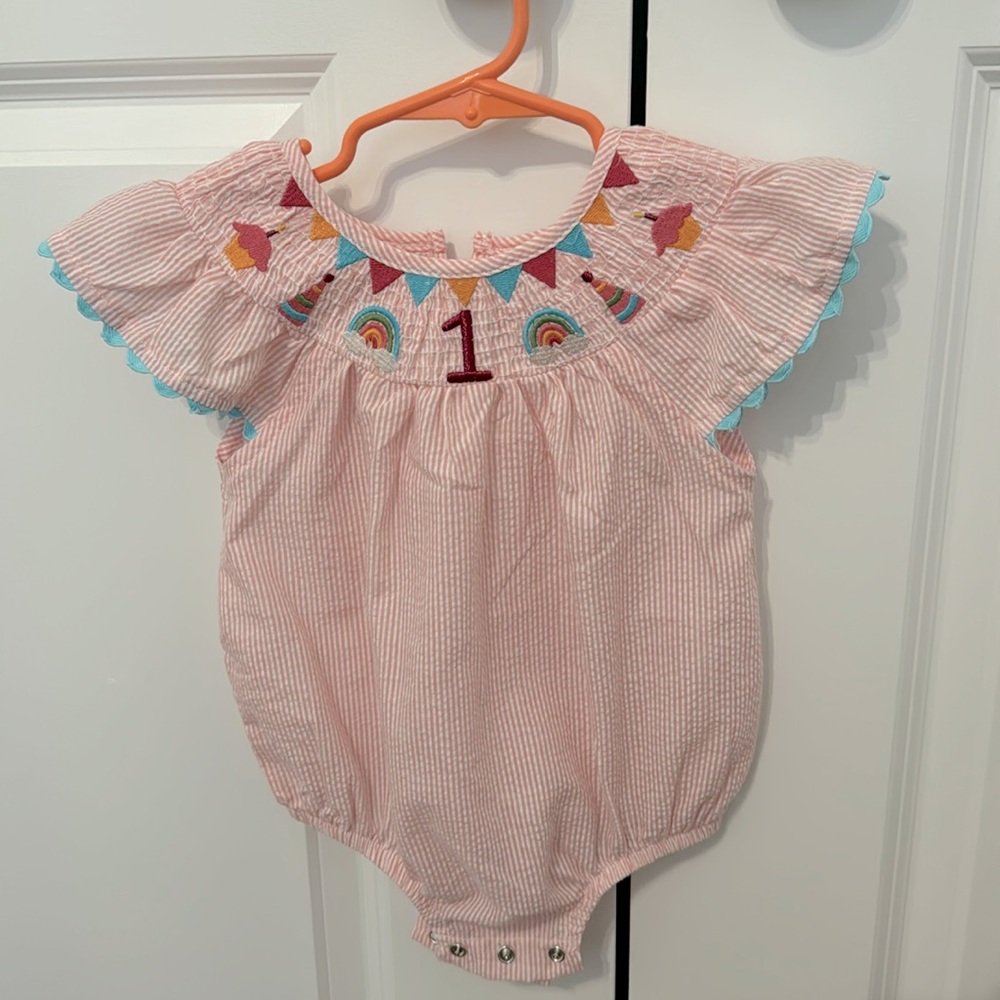 Baby girl Mud Pie 1st birthday smocked bubble